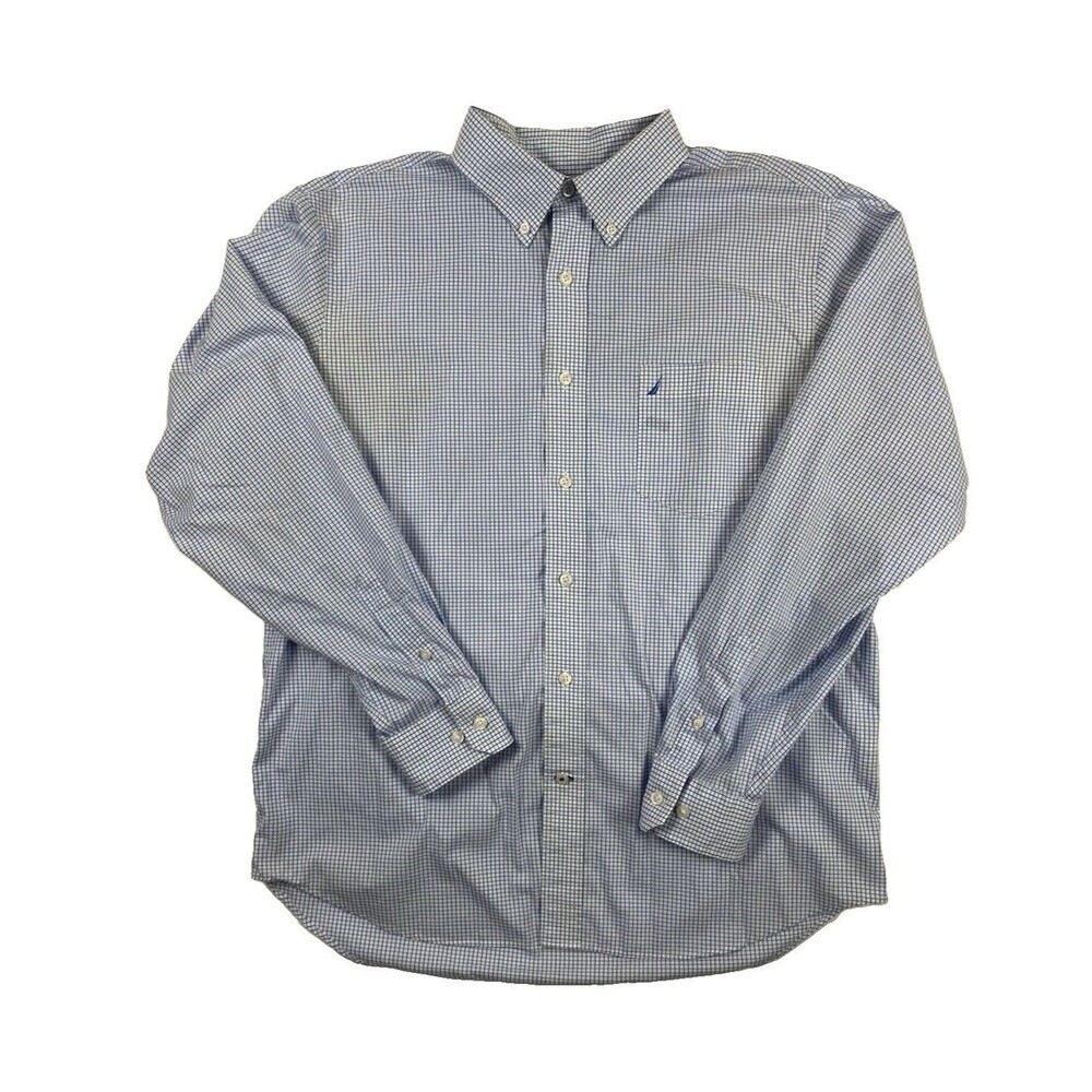 Nautica Wrinkle Resistant Blue/White Check Button-Down Cotton Dress Shirt L